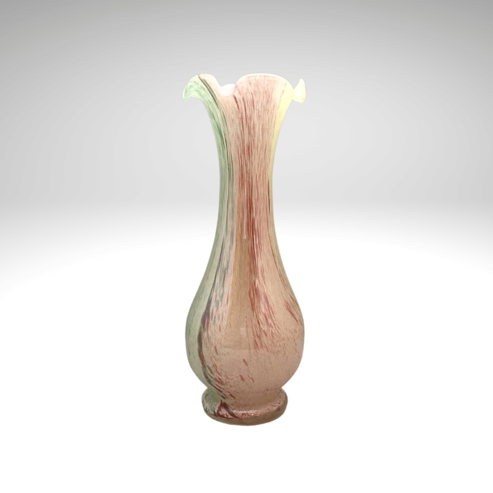 Hand Blown Ruffle Rim Trumpet Bud Vase Pastel End of Day Art Glass 9"